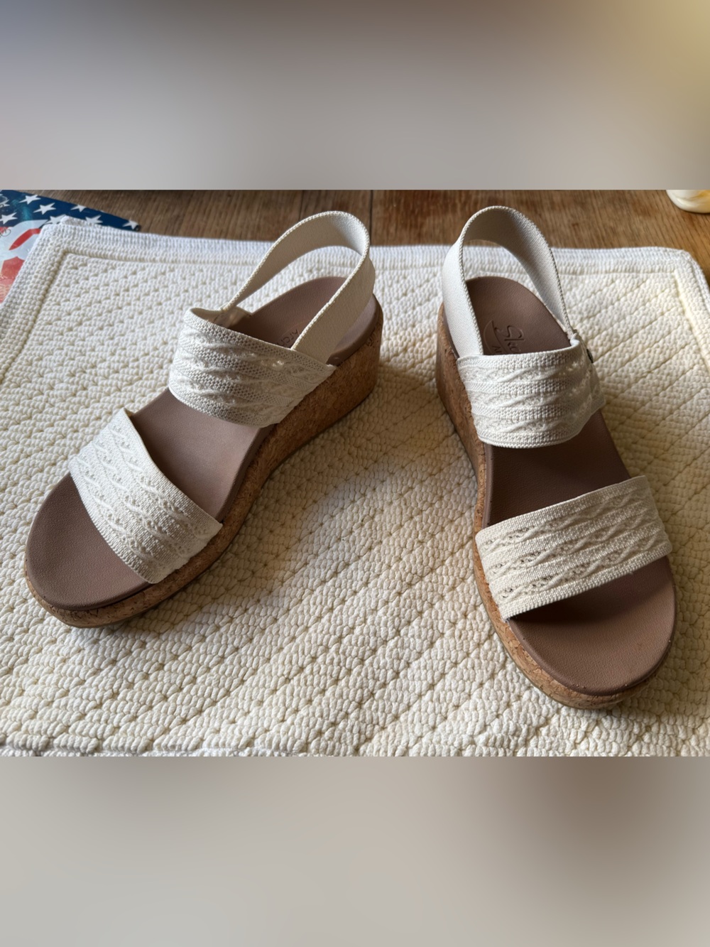 Skechers Arch Fit size 7
Cream Wedge Sandals with Cork Platform